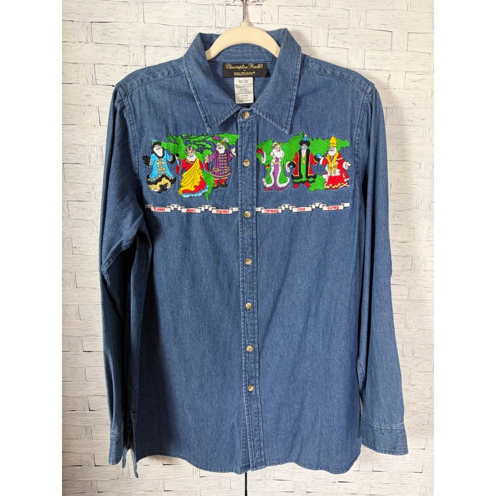 Christopher Radko Bellepointe Womens Blouse Embroidered Santas Around the World
